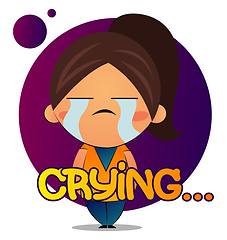 Image showing Girl with brown ponytail is crying, illustration, vector on whit