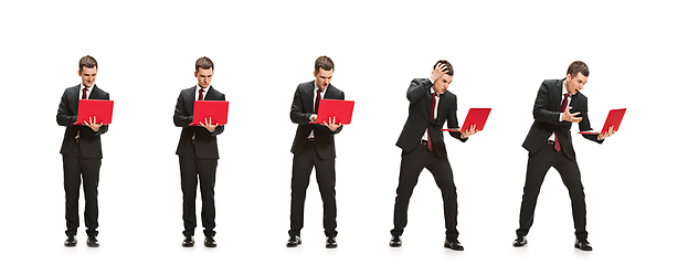 Image showing Handsome businessman with notebook posing isolated over white studio background. Collage