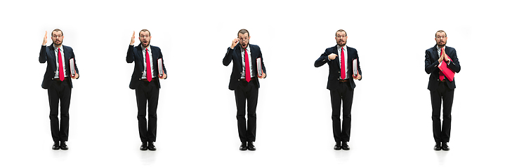 Image showing Handsome businessman with red folder looking at camera isolated over white studio background. Collage