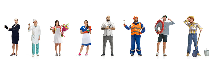 Image showing Collage of group of people with different professions isolated on white studio background, horizontal