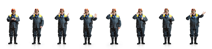 Image showing Senior man miner in coveralls isolated over white studio background. Collage