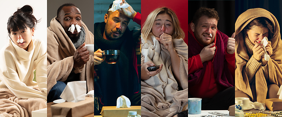 Image showing Young people wrapped in a plaid looks sick, ill, sneezing and coughing sitting at home indoors