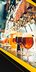 Image showing Glasses with lager, stout beer on bar rack. Vertical banner, flyer for ad.