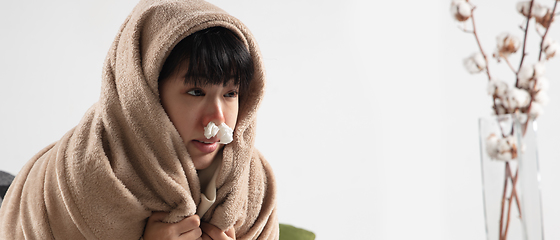 Image showing Woman wrapped in a plaid looks sick, ill, sneezing and coughing sitting at home indoors