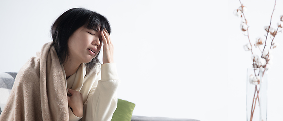 Image showing Woman wrapped in a plaid looks sick, ill, sneezing and coughing sitting at home indoors