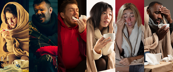 Image showing Young people wrapped in a plaid looks sick, ill, sneezing and coughing sitting at home indoors