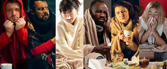 Image showing Young people wrapped in a plaid looks sick, ill, sneezing and coughing sitting at home indoors