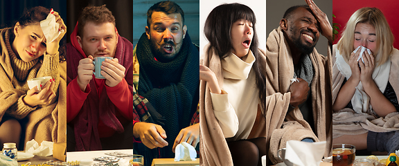 Image showing Young people wrapped in a plaid looks sick, ill, sneezing and coughing sitting at home indoors