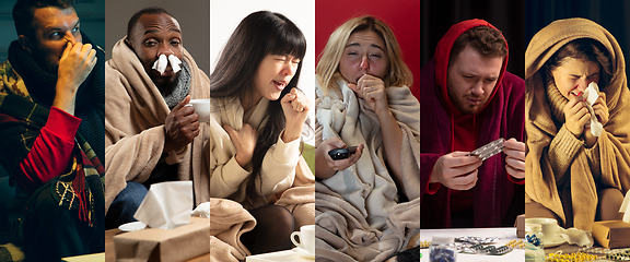Image showing Young people wrapped in a plaid looks sick, ill, sneezing and coughing sitting at home indoors