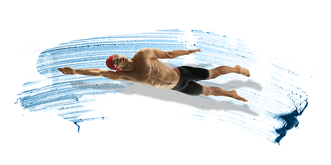 Image showing Professional caucasian swimmer moving in paint brushstroke, watercolor. Grace of motion and action. Artwork.