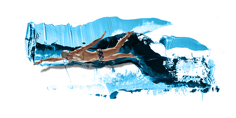 Image showing Professional caucasian swimmer moving in paint brushstroke, watercolor. Grace of motion and action. Artwork.