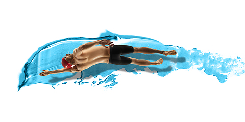 Image showing Professional caucasian swimmer moving in paint brushstroke, watercolor. Grace of motion and action. Artwork.