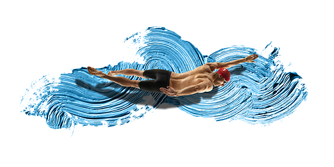 Image showing Professional caucasian swimmer moving in paint brushstroke, watercolor. Grace of motion and action. Artwork.