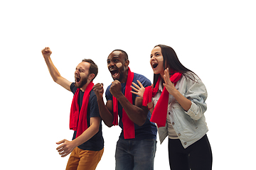 Image showing Multiethnic soccer fans cheering for favourite sport team with bright emotions isolated on white studio background