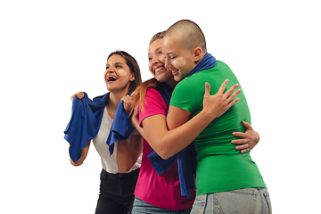 Image showing Female soccer fans cheering for favourite sport team with bright emotions isolated on white studio background