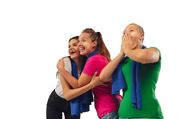 Image showing Female soccer fans cheering for favourite sport team with bright emotions isolated on white studio background