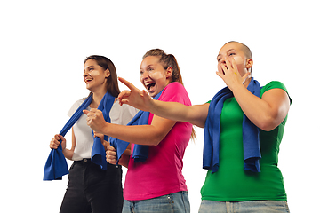 Image showing Female soccer fans cheering for favourite sport team with bright emotions isolated on white studio background