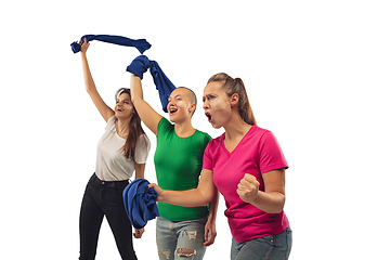 Image showing Female soccer fans cheering for favourite sport team with bright emotions isolated on white studio background