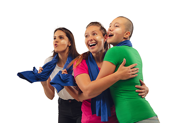 Image showing Female soccer fans cheering for favourite sport team with bright emotions isolated on white studio background