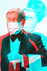 Image showing Close up of caucasian waiter wearing face mask background. Modern and trendy duotone effect, double exposure