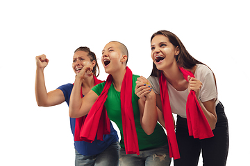 Image showing Female soccer fans cheering for favourite sport team with bright emotions isolated on white studio background