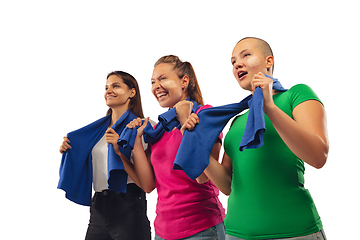 Image showing Female soccer fans cheering for favourite sport team with bright emotions isolated on white studio background