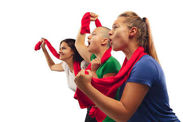 Image showing Female soccer fans cheering for favourite sport team with bright emotions isolated on white studio background