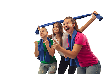 Image showing Female soccer fans cheering for favourite sport team with bright emotions isolated on white studio background