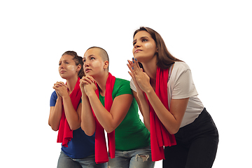 Image showing Female soccer fans cheering for favourite sport team with bright emotions isolated on white studio background