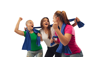 Image showing Female soccer fans cheering for favourite sport team with bright emotions isolated on white studio background