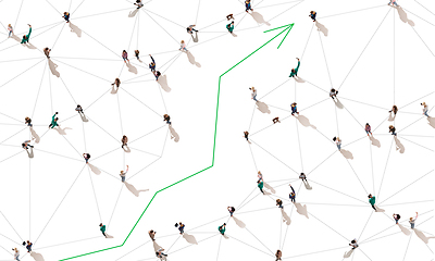 Image showing Aerial view of crowd people connected by lines, social media and communication concept