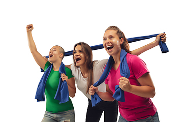 Image showing Female soccer fans cheering for favourite sport team with bright emotions isolated on white studio background