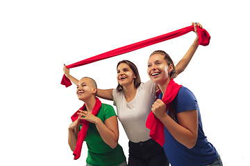 Image showing Female soccer fans cheering for favourite sport team with bright emotions isolated on white studio background