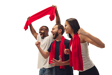 Image showing Multiethnic soccer fans cheering for favourite sport team with bright emotions isolated on white studio background