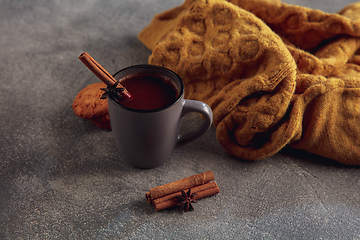 Image showing Cup of tea or coffee with cinnamon and cookies isolated on grey and white background. Copy Space for ad, design.