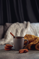 Image showing Cup of tea or coffee with cinnamon and cookies isolated on grey and white background. Copy Space for ad, design.