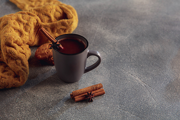 Image showing Cup of tea or coffee with cinnamon and cookies isolated on grey and white background. Copy Space for ad, design.