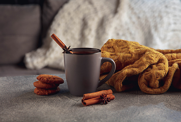 Image showing Cup of tea or coffee with cinnamon and cookies isolated on grey and white background. Copy Space for ad, design.