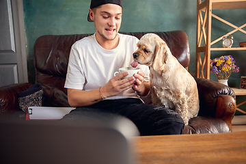 Image showing Two best friends young man and American Cocker Spaniel cream colour drink tea at home.