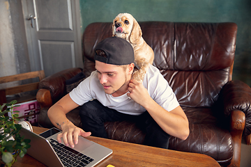 Image showing Two best friends young man and American Cocker Spaniel cream colour sitting on sofa at home and using laptop, digital gadgets.