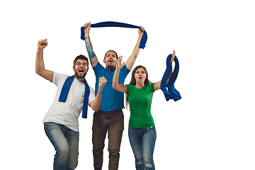 Image showing Female and male soccer fans cheering for favourite sport team with bright emotions isolated on white studio background