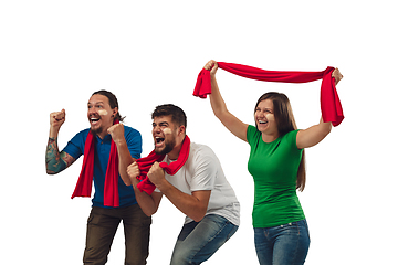 Image showing Female and male soccer fans cheering for favourite sport team with bright emotions isolated on white studio background