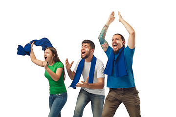 Image showing Female and male soccer fans cheering for favourite sport team with bright emotions isolated on white studio background