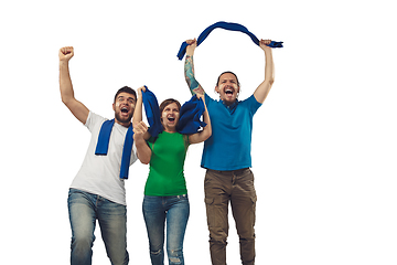 Image showing Female and male soccer fans cheering for favourite sport team with bright emotions isolated on white studio background