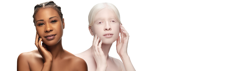 Image showing Portrait of beautiful albino woman and african-american female isolated on white studio background. Skincare, cosmetics concept.