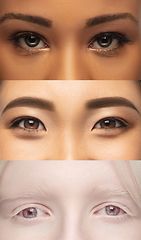 Image showing Close up of faces of young women, focus on eyes. Vertical collage