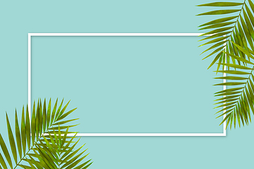 Image showing Exotic green tropical palm leaves isolated on blue background with white geometric frame. Flyer for ad, design.
