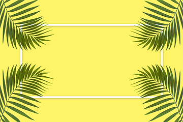 Image showing Exotic green tropical palm leaves isolated on yellow background with white geometric frame. Flyer for ad, design.