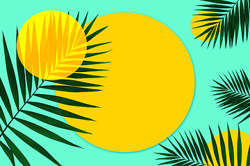 Image showing Creative banner with tropical leaves on geometric two colours yellow and blue background. Flyer for ad, design.