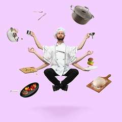 Image showing Handsome multi-armed chief-cooker levitating isolated on pink studio background with equipment. Multitask concept.